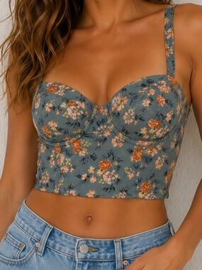 BOG Collective Crop Top Womens Size Medium Blue Floral Y2K Cottagecore Boho